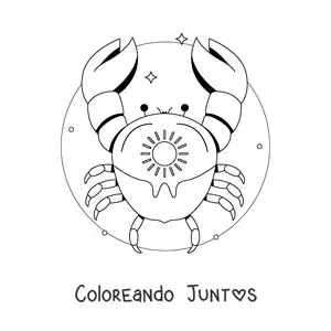 Imagen para colorear de cangrejo del signo cáncer animado con un sol y estrellas
