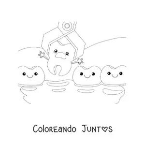 Imagen para colorear de un diente animado kawaii siendo extraído de la dentadura