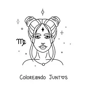 Imagen para colorear de mujer del signo virgo con estrellas y su símbolo