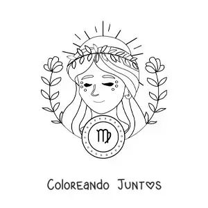 Imagen para colorear de hermosa mujer del signo virgo animada con su símbolo y flores