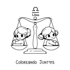Imagen para colorear de símbolo del signo Libra con dos niñas kawaii animadas