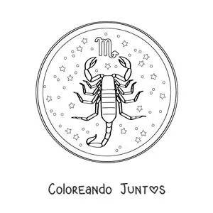 Imagen para colorear del signo zodiacal Escorpio con su símbolo y estrellas