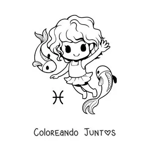 Imagen para colorear de niña kawaii animada del signo Piscis con dos peces
