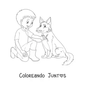 Imagen para colorear de un niño vestido de veterinario auscultando a un perro