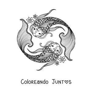 Imagen para colorear de símbolo del signo zodiacal Piscis con flores