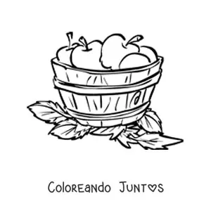 Imagen para colorear de una cubeta de madera llena de manzanas y rodeada de hojas
