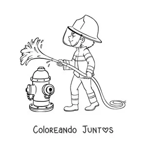 Imagen para colorear de un bombero con una manguera apagando el fuego