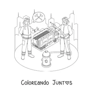 Imagen para colorear de dos bomberos y un camión de bomberos