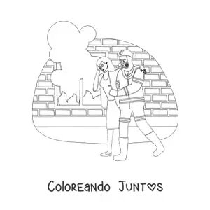 Imagen para colorear de un bombero rescatando a una mujer de las llamas