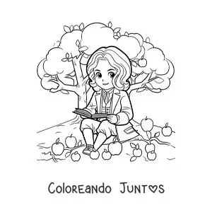 Imagen para colorear de Isaac Newton animado leyendo bajo un manzano