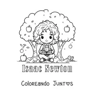 Imagen para colorear de Isaac Newton kawaii leyendo bajo un árbol manzano
