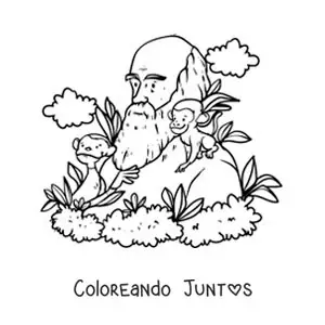Imagen para colorear de Charles Darwin animado estudiando a los monos