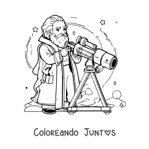 Imagen para colorear de Galileo Galilei animado viendo a través de un telescopio
