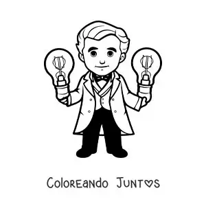 Imagen para colorear de Thomas Edison animado kawaii con dos bombillos
