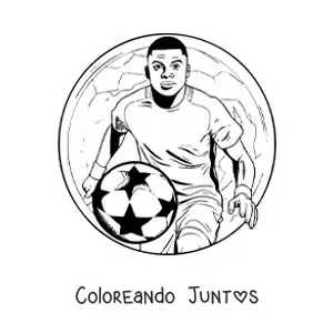 Imagen para colorear de Kylian Mbappé animado con un balón de fútbol