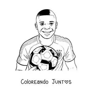 Imagen para colorear de retrato animado de Kylian Mbappé sonriendo con un balón de fútbol