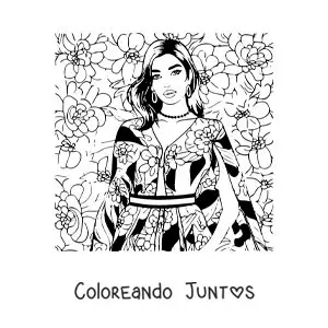 Imagen para colorear de Dua Lipa animada con un vestido y flores