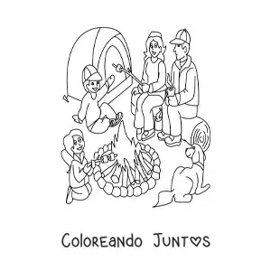Imagen para colorear de una familia animada en un campamento