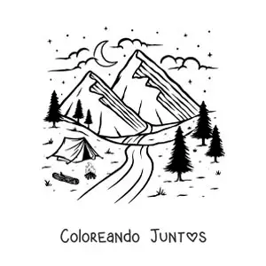 Imagen para colorear de una carpa junto al río y las montañas