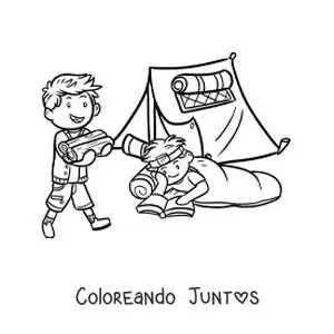 Imagen para colorear de dos niños leyendo junto a la fogata en un campamento de verano