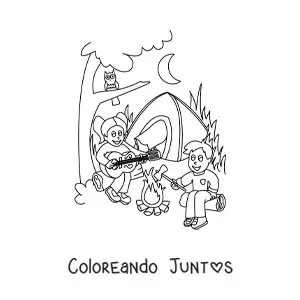 Imagen para colorear de dos niños animados cantando en un campamento de verano