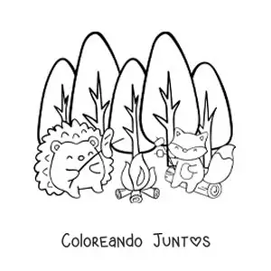 Imagen para colorear de animales kawaii en una fogata en el bosque
