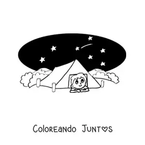 Imagen para colorear de un niño animado acampando en la noche