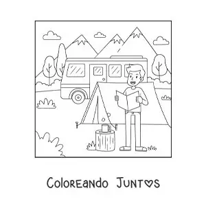 Imagen para colorear de un chico animado leyendo un mapa en un campamento