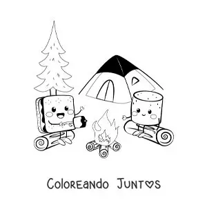 Imagen para colorear de dos malvaviscos kawaii animados en un campamento