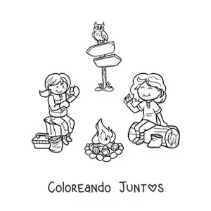 Imagen para colorear de dos niñas comiendo malvaviscos junto a una fogata