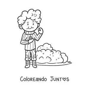 Imagen para colorear de un niño recolectando moras de un arbusto en una excursión