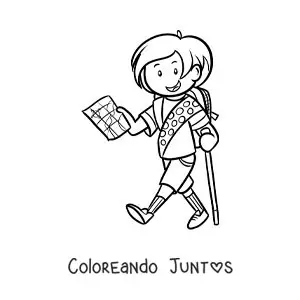 Imagen para colorear de una niña exploradora caminando con un mapa en una excursión