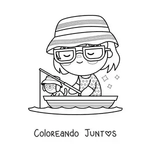 Imagen para colorear de una chica pescando con su perro en un bote