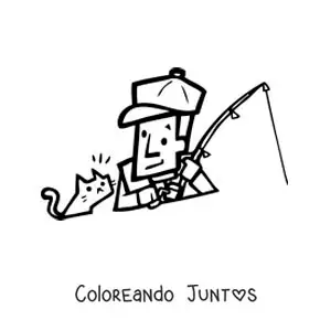 Imagen para colorear de una caricatura de un pescador con su gato