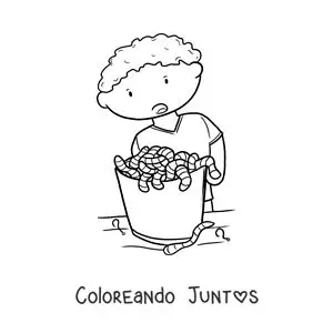 Imagen para colorear de un niño junto a un balde de carnada para pesca