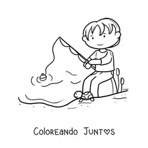 Imagen para colorear de un niño pescando con caña en un lago