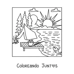 Imagen para colorear de una caña de pescar en un campamento