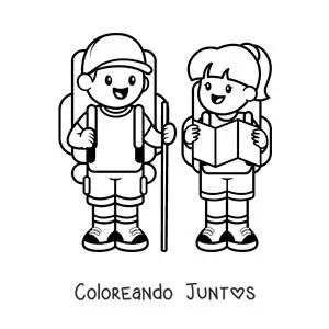 Imagen para colorear de una pareja de excursionistas kawaii con mochilas