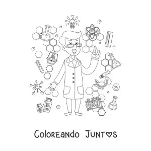 Imagen para colorear de un científico animado rodeado de instrumentos científicos