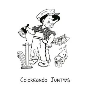 Imagen para colorear de un niño asustado con una brocha junto a un cachorro comiendo pintura