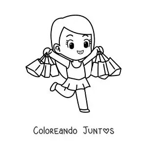 Imagen para colorear de una niña kawaii con vestido con sus bolsas de compras