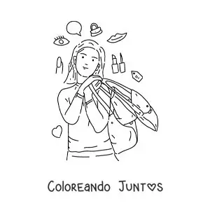 Imagen para colorear de una chica con bolsas pensando en comprar maquillaje