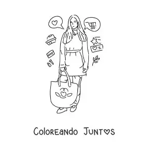 Imagen para colorear de una chica de compras con su bolsa