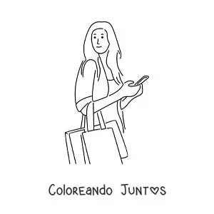 Imagen para colorear de una chica de compras con bolsas y el teléfono en la mano