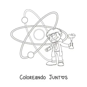 Imagen para colorear de Albert Einstein animado junto a un átomo