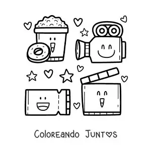 Imagen para colorear de proyector, cámara, palomitas y otros elementos de cine animados