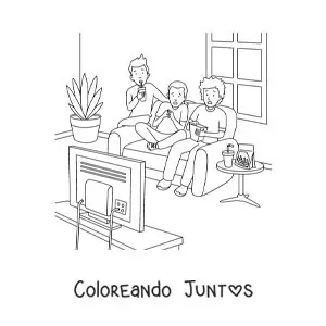Imagen para colorear de tres chicos viendo una película de terror en casa