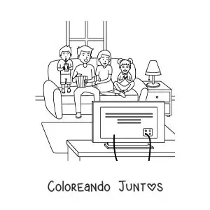 Imagen para colorear de una familia con niños viendo una película en casa