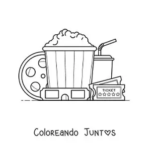 Imagen para colorear de entradas, palomitas, cinta, gafas 3d y otros elementos de cine