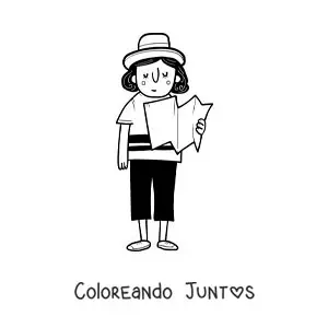 Imagen para colorear de una caricatura de una chica turista leyendo un mapa